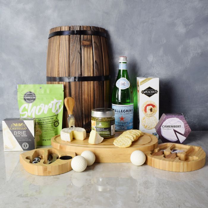Gourmet Cheese Board with White Chocolate Golf Balls and Tapenade – how the gift is presented