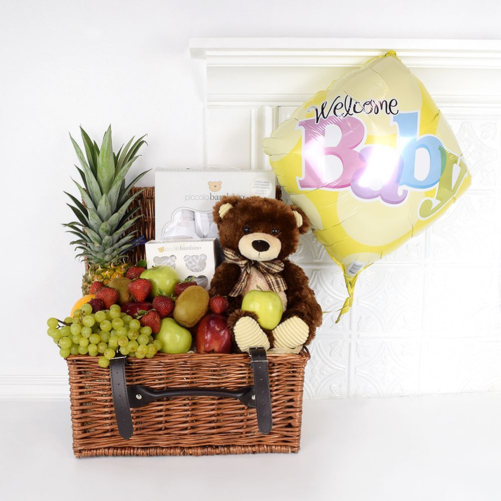 Classic Baby Welcome Gift Basket in Steamed Wicker with Balloon – how the gift is presented