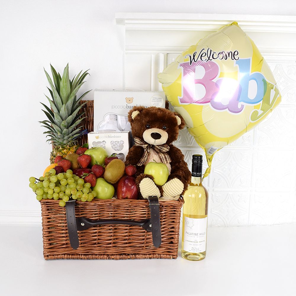 Wicker Basket with Wine and Assorted Fresh Gourmet Fruit – how the gift is presented