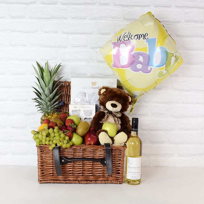 Welcome Baby Wine and Fresh Fruit Basket with Plush Bear – how the gift is presented