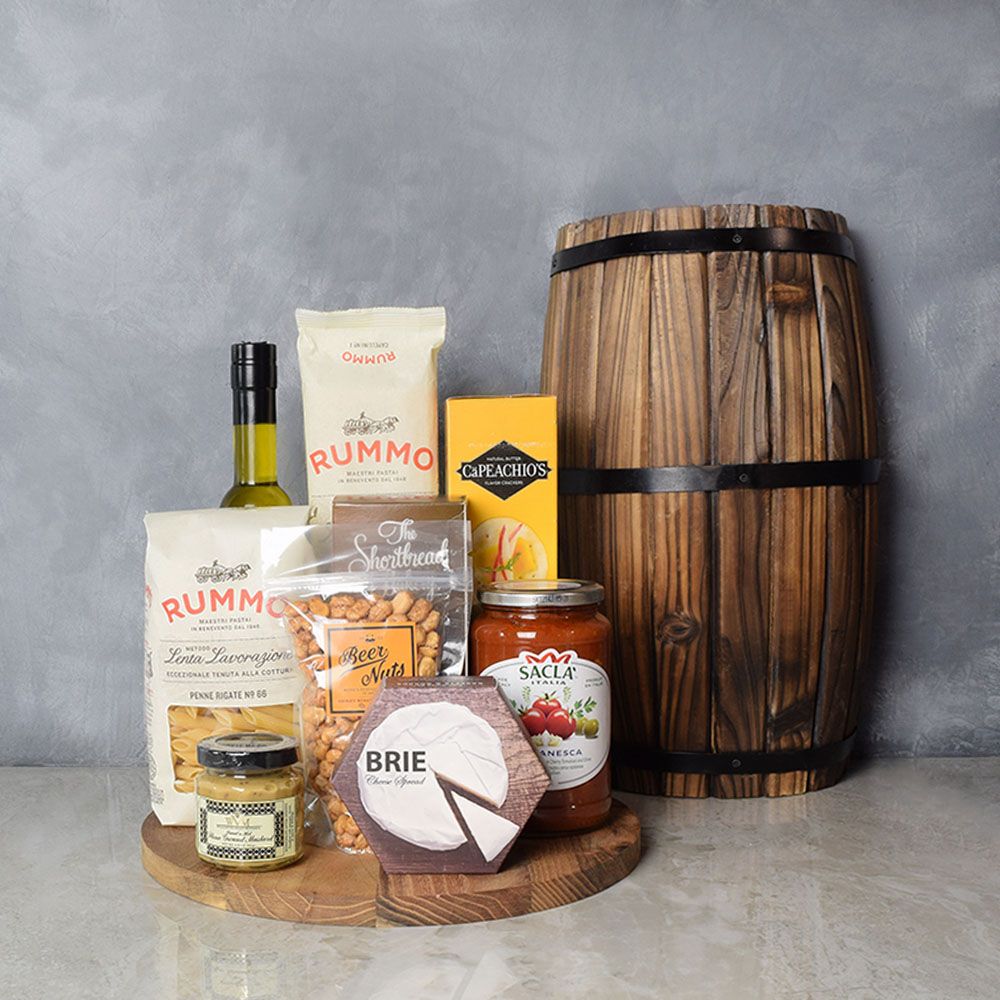 Artisanal Italian Food Basket with Rummo Pasta, Brie Spread & Puttanesca Sauce – how the gift is presented