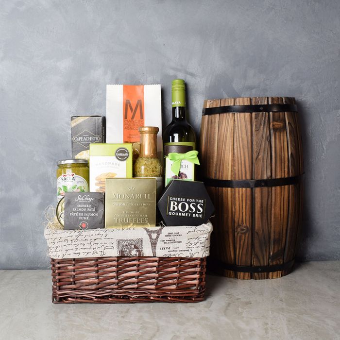 Deluxe Wine Gift Basket with Artisan Chocolates – how the gift is presented