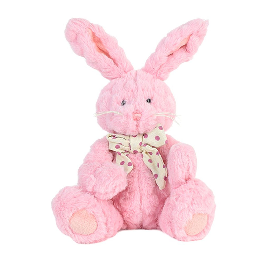Posh Dusty Rose Pointy eared Bunny wears a pink and cream polka-dotted bow around her neck. Super soft and ready for cute cuddles and snuggles. This posh bunny has pink coloured fur and is 9" tall from Los Angeles Baskets - Los Angeles Delivery