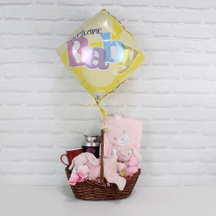 Baby Girl Welcome Basket with Hooded Towel, Plush Toys, and Coffee – how the gift is presented